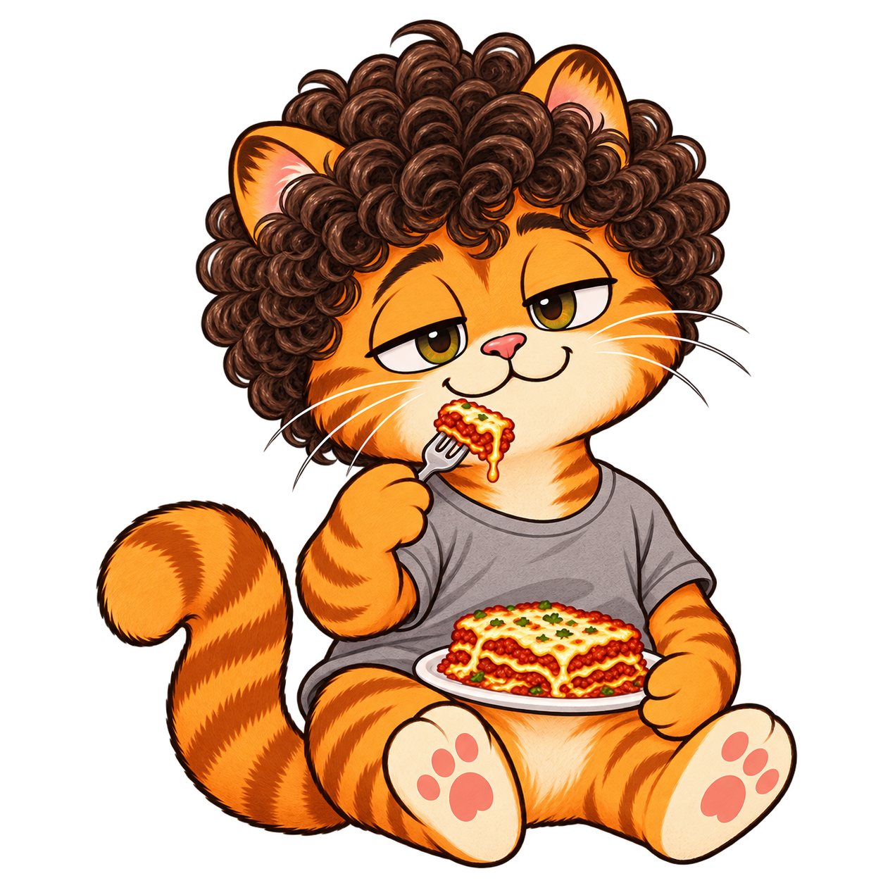 Rayan as a sleepy orange cat enjoying lasagna