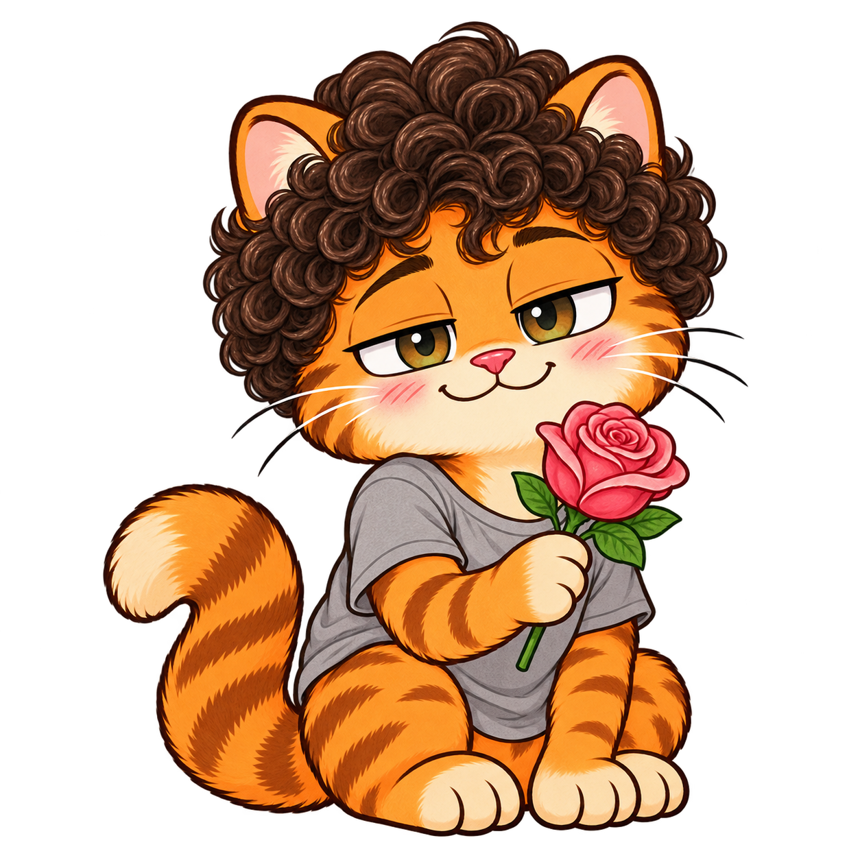 Rayan as a curly-haired orange cat offering a rose